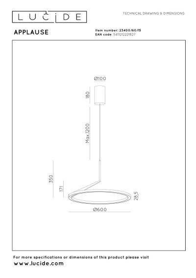 Lucide APPLAUSE - Pendant light - Ø 60 cm - LED Dim. - CCT - 1x32W 2700K/4000K - Hand Wave Sensor - Grey iron - Premium